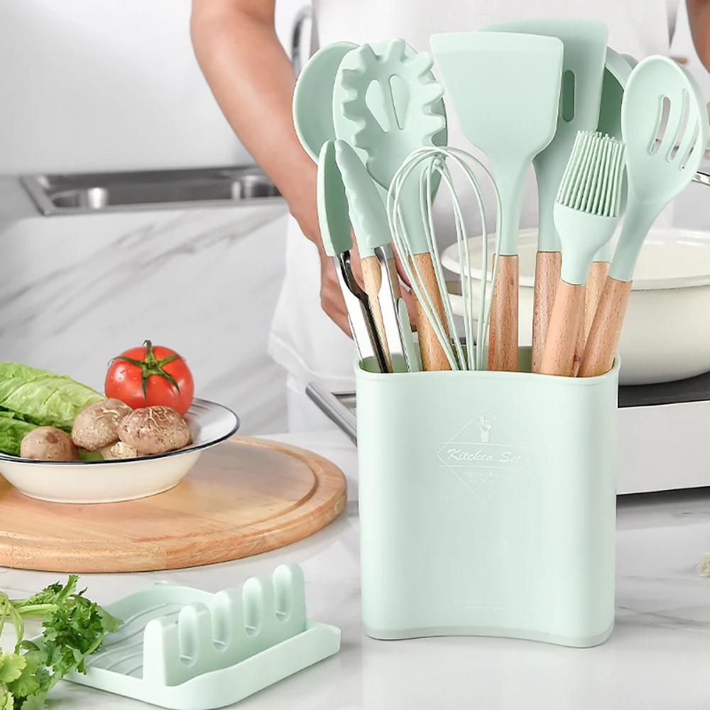 13Pcs Ilicone Kitchen Utensils Spatula Shovel Soup Spoon Cooking Tool with Storage Bucket Non-Stick Wood Handle Kitchen Gadgets