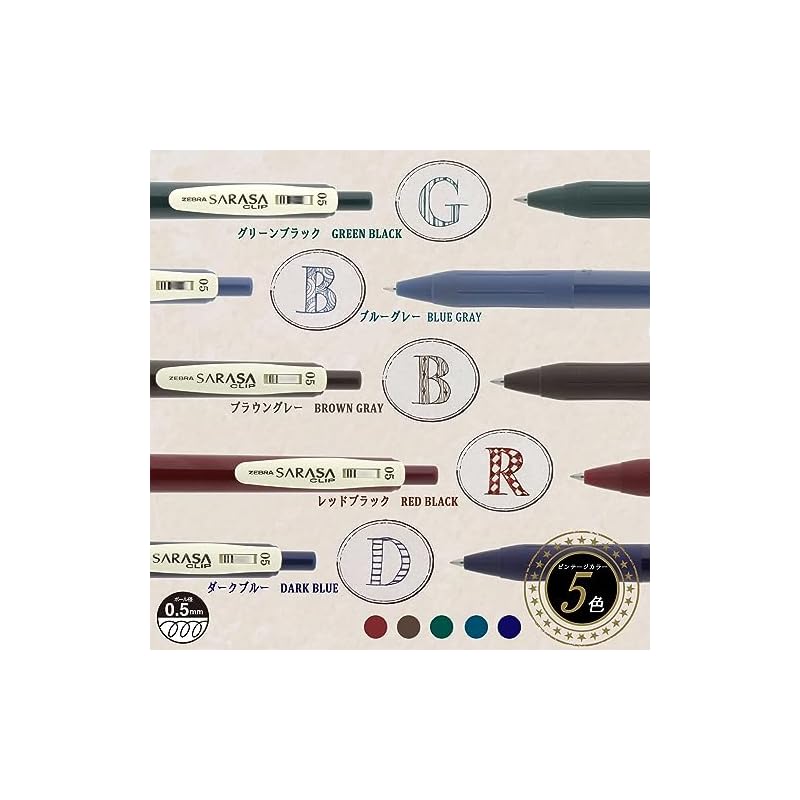 Zebra Sarasa Clip Gel Ballpoint Pen 0.5mm Vintage Color 5-Color Set N JJ15-5C-VI-N