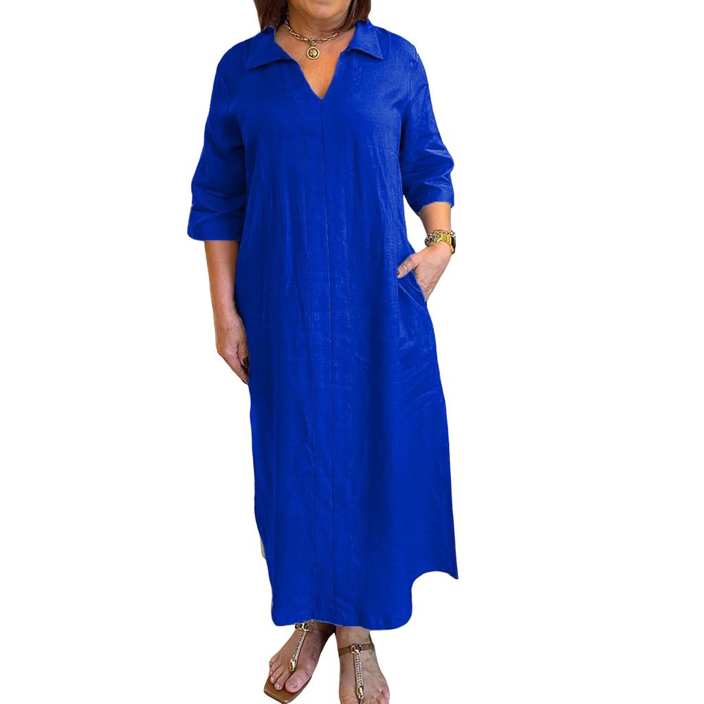 Women's Fashionable Loose-Fit V-Neck Casual Cotton-Linen Blend Shirt Dress