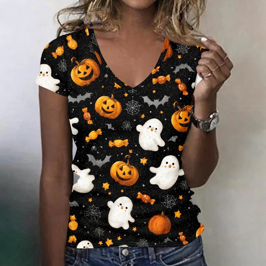 Women's V-Neck Halloween Print Lightweight Blouse for Spring and Summer