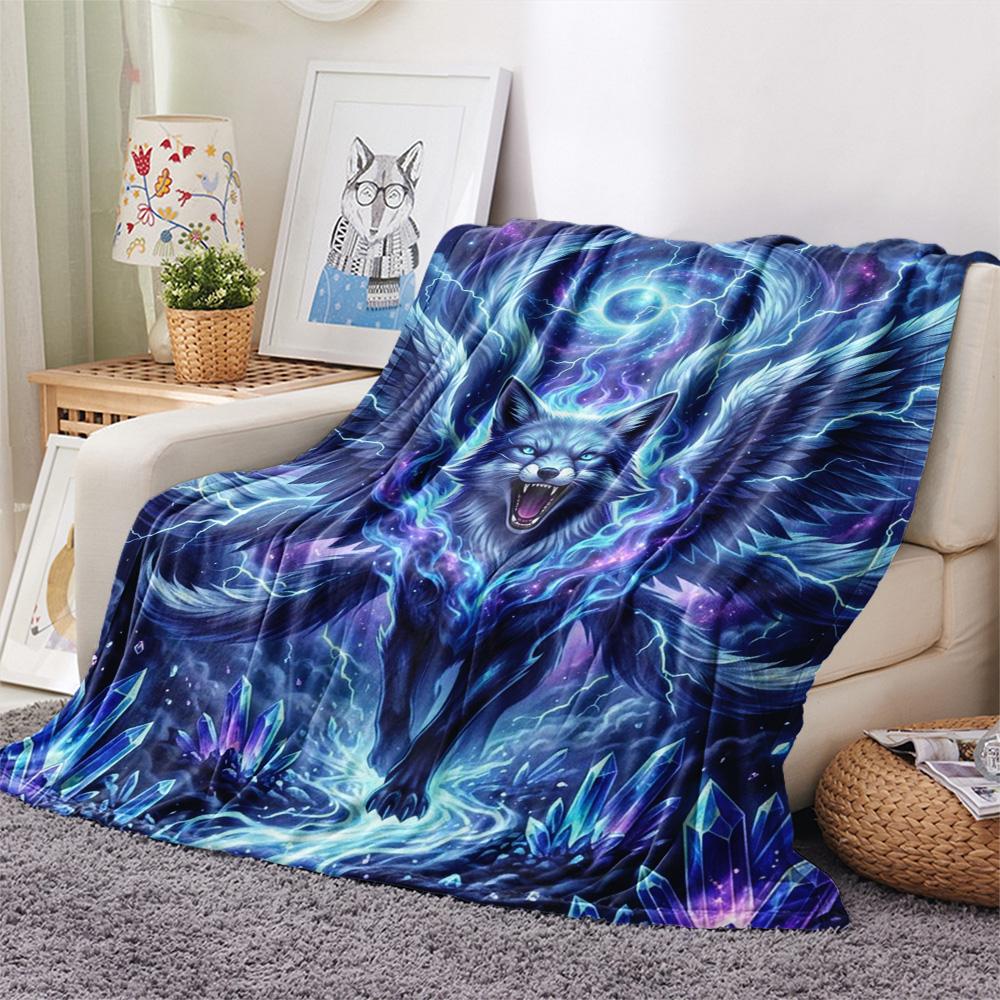 1Pc Nine-tailed Fox Print Flannel Blanket, High Quality Comfortable for All Seasons, Home Decor, Warmth and Comfort, Perfect for Christmas Gifts