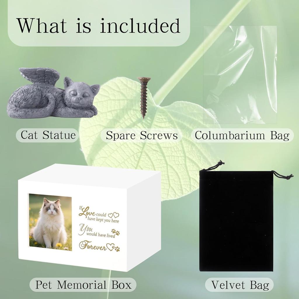 Cat Memorial Urn for Ashes - Wooden Cat Keepsake Box with Photo Frame, Resin Angel Statue & Velvet Ash Bag, Pet Loss Remembrance Gift (White)