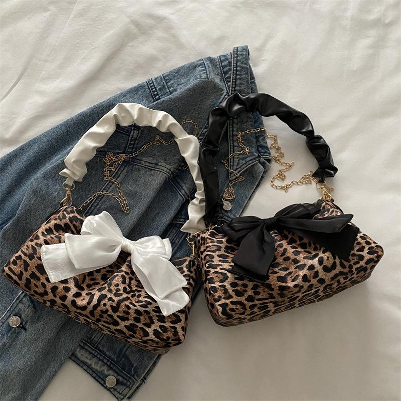 Pleated New Trend Female Personality Leopard Print Baguette Bow Fashion Shoulder Armpit Small Square Bag
