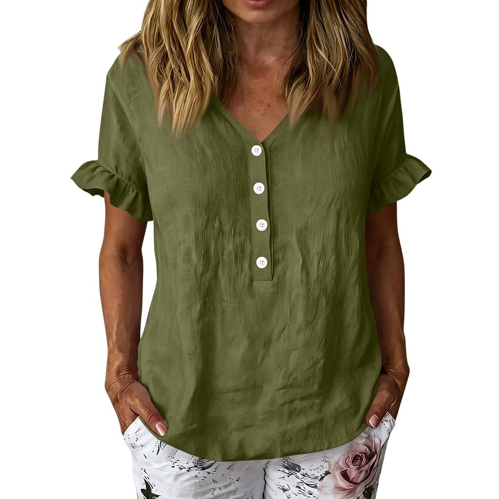 Women’s Casual Button Front Ruffle Sleeve Shirt Loose Fit Cotton Linen Blouse Relaxed Fit V Neck Top for Daily Wear