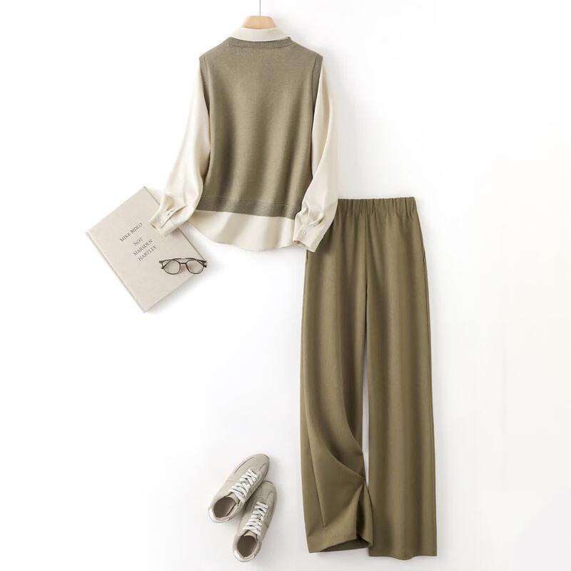 IHIMI 2025 Autumn Faux Two-Piece Knit Shirt Set