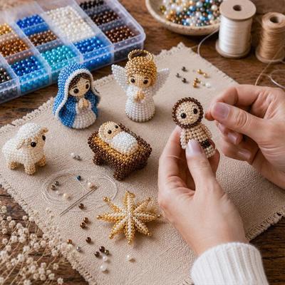 Nativity DIY Beading Kit, Cute 3D Mary Joseph Baby Jesus Bead Craft Set, with Colorful Beads Accessories, Holy Family Bead Art Project for Beginners