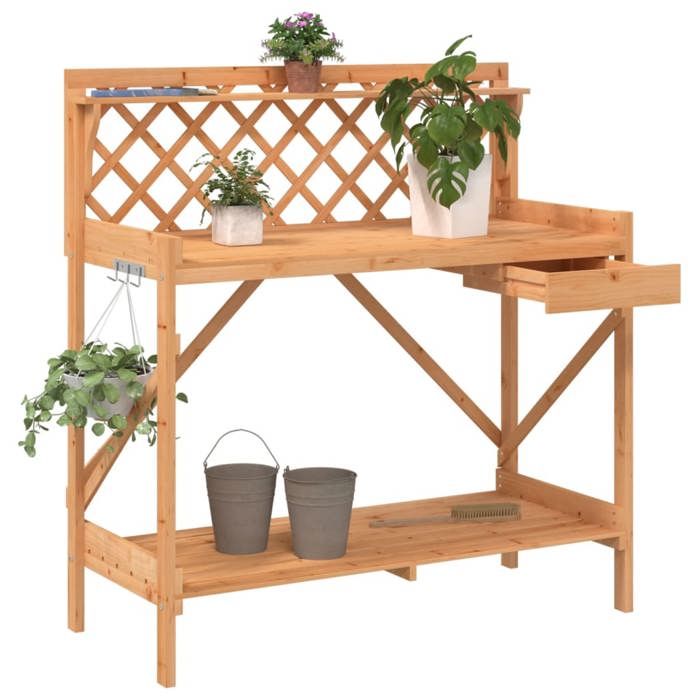 VidaXL Potting Bench with Trellis, Plant Stand with Hooks and Drawer, Garden Patio Potting Table, Brown 368429