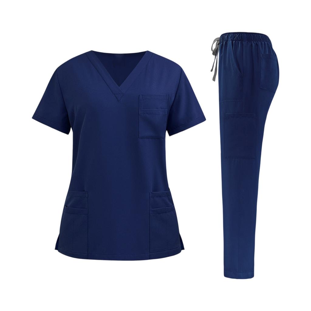 Damen Krankenpfleger Uniform Set Schnelltrocknendes Gewebe V-Ausschnitt Kurzarm Oberteil mit Taschen und Elastischem Bund Lange Hose Medizinische Arbeitskleidung Set