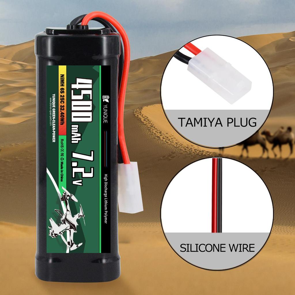 Rechargeable NiMH Battery 7.2V 4500mAh with Tamiya Connector – 6 Cells, Silicone Wire – Power for RC Models