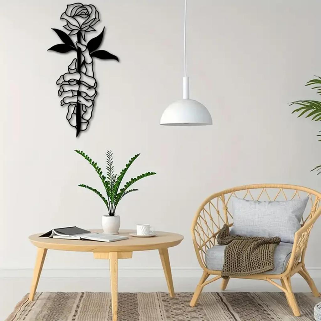 Metal Skeleton Hand Holding Flower Art Wall Decoration Metal Wall Art Decor For Bedroom Living Room Bathroom Bar Decor