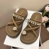 Rhinestone Pearl Two Wear Sandals Girl 2025 Summer New Set Toe One Word Fairy Beach Platform Fashion Cool Slippers