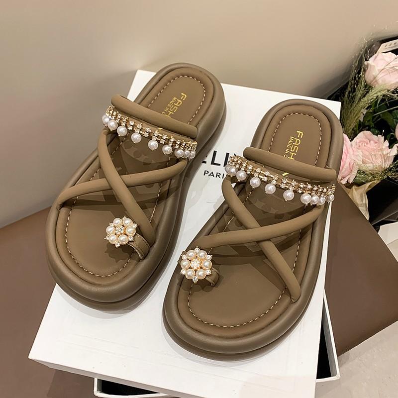 Rhinestone Pearl Two Wear Sandals Girl 2025 Summer New Set Toe One Word Fairy Beach Platform Fashion Cool Slippers