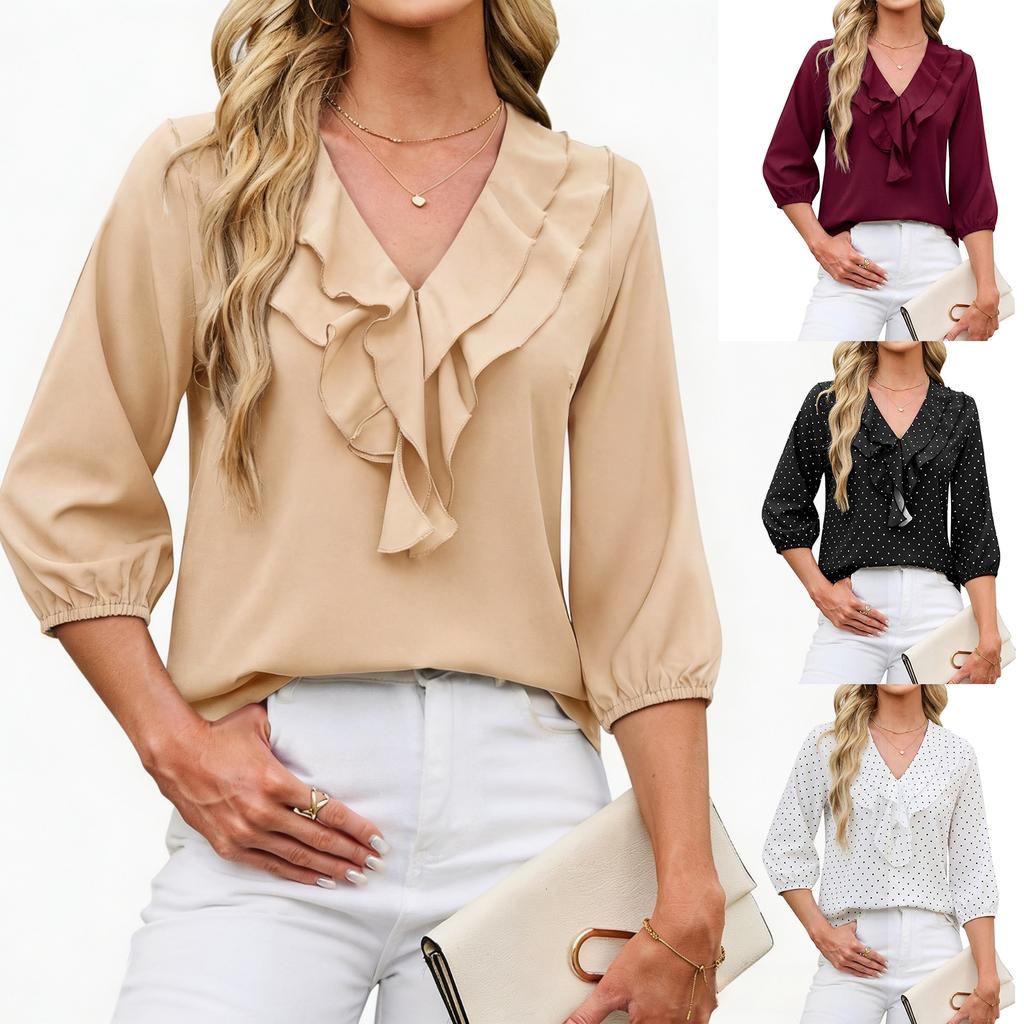 Women's V-Neck Ruffle Chiffon Blouse 3/4 Sleeve Casual Top