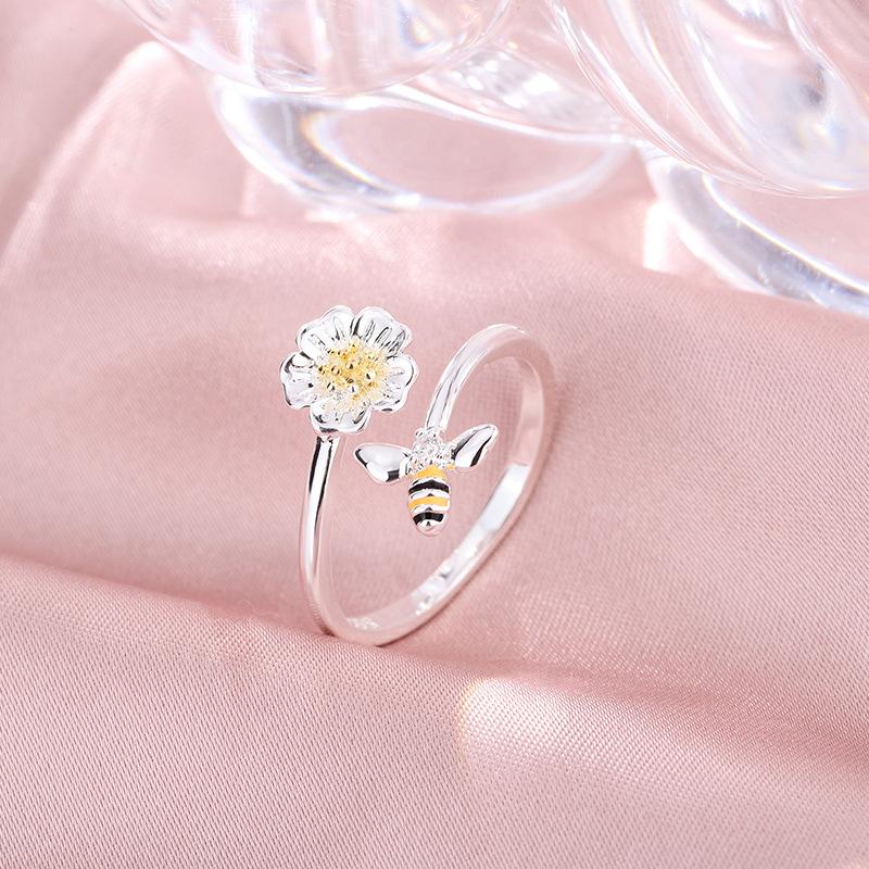 New Fashion Beautiful Flower Bee 925 Sterling Silver Jewelry Female Simple Sweet Cartoon Opening Rings R400