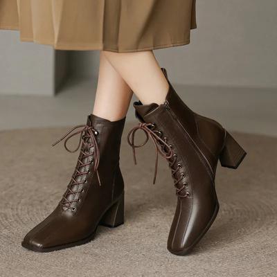 Retro and Heel Ankle Boots for Women Designer Square Toe Short Boots Zipper Ladies Casual Chelsea Boots Elegant Woman Heel Shoes