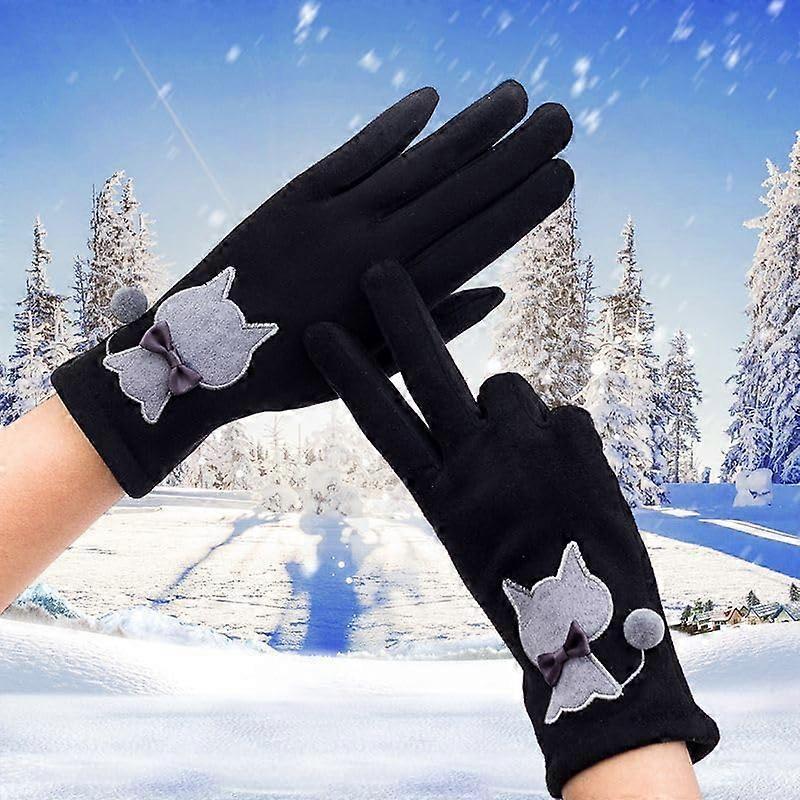 Women Winter Warm Thermal Suede Touch Screen Gloves Cute Cat Fleece Lined Drive Cycling Mittens with Furry Cuff