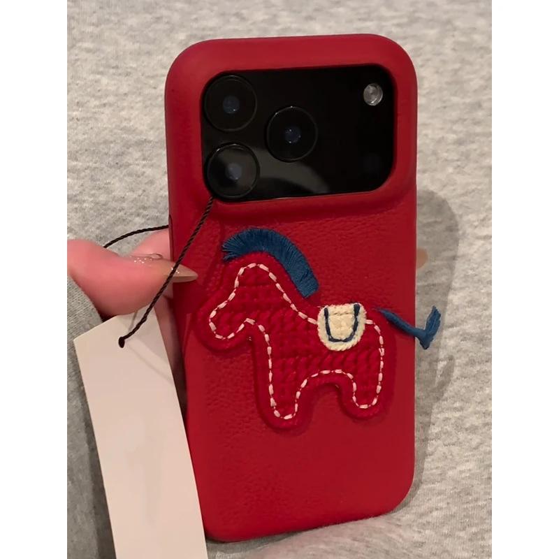 Simple red embroidery pony for Apple 11Promax mobile phone case IP11 fashion 11 festive 11 large hole 11