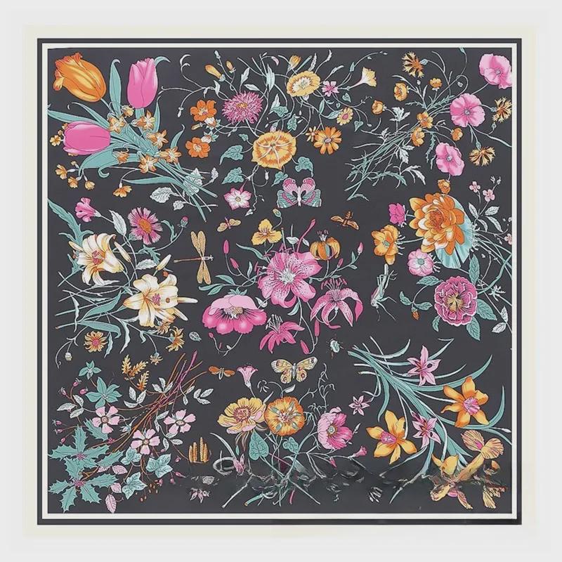 "New European and American Jungle Floral Bird Print 130cm Silk Twill Satin Square Scarf Shawl"