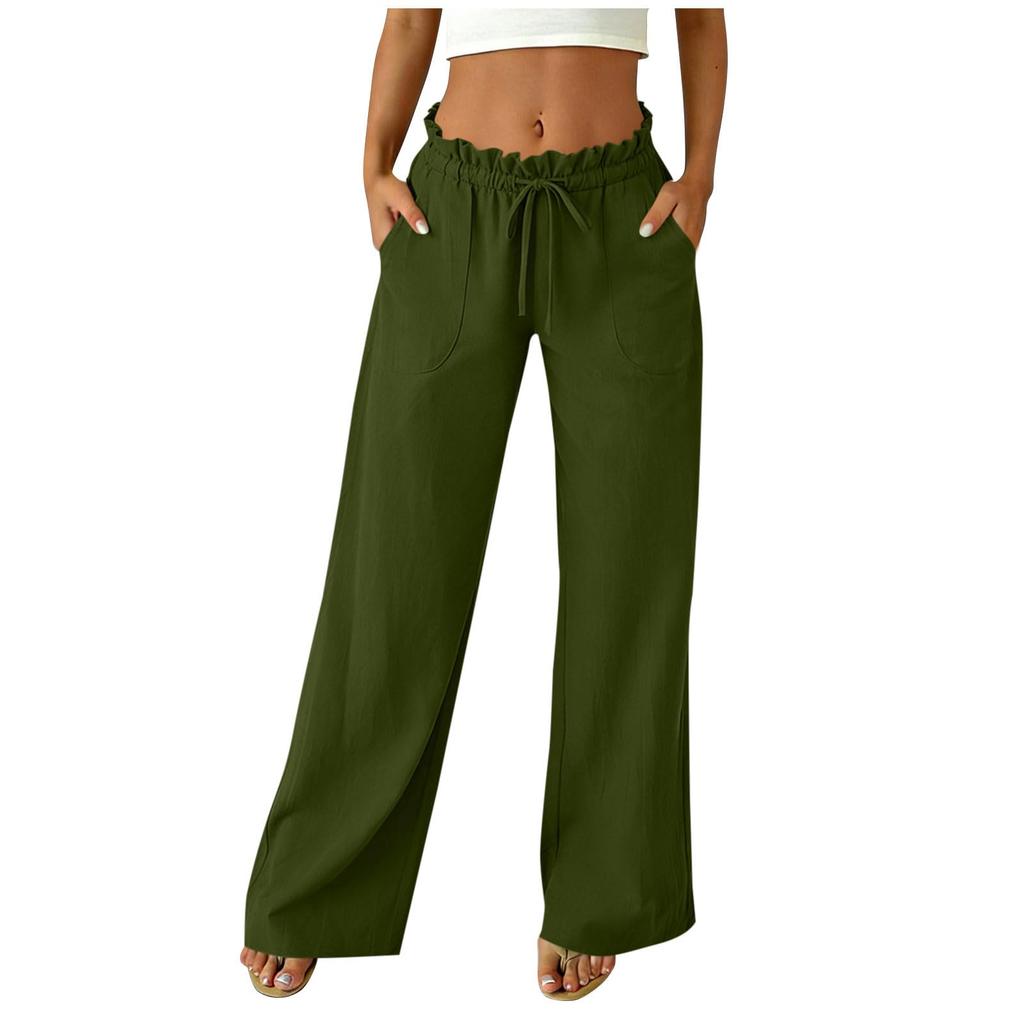 Women's Casual Relaxed Fit High-Waisted Belted Pocket Cotton-Linen Blend Trousers