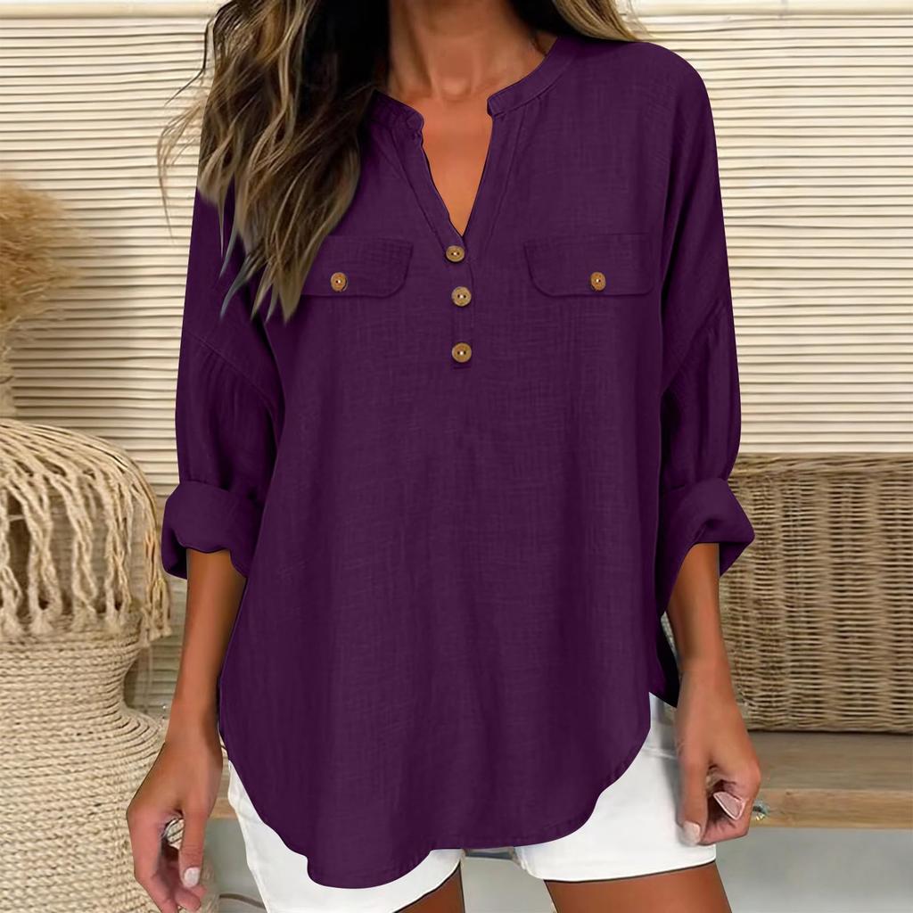 Women's Fashionable V-Neck Casual -Color Button-Down Cotton-Linen Loose-Fit Top