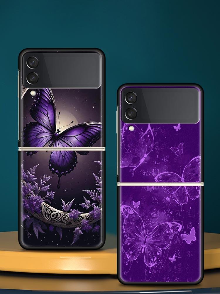 Art Purple Butterfly Hard PC Phone Case For Samsung Galaxy Z Flip 7 6 5 4 Black Cover For Galaxy Z Flip 3 Foldable Shell Fundas