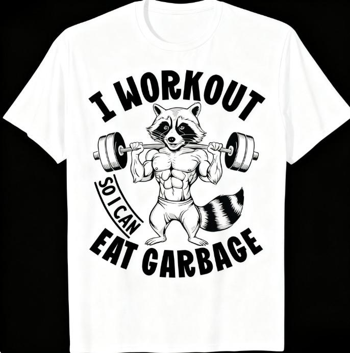 2025 Raccoon Workout Garbage Eater Tee Funny Gym Motivation Graphic Cotton Shirt Humorous Animal Lover Top