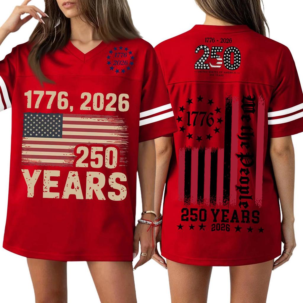 Women's Casual V Neck Jersey Shirt Short Sleeve Athletic Top 250th Anniversary Independence Day Printed T Shirt Loose Fit