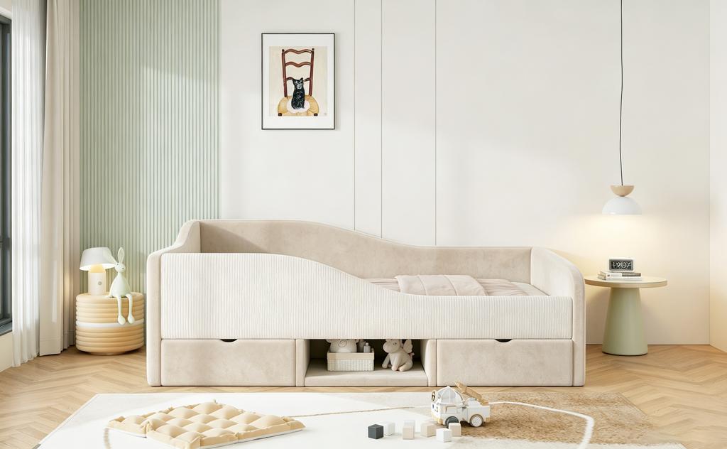 Upholstered Bed Children's Bed 90*190, Multifunctional Bed With Two Drawers and Fences, Skin-friendly Velvet Fabric, Without Mattress Beige