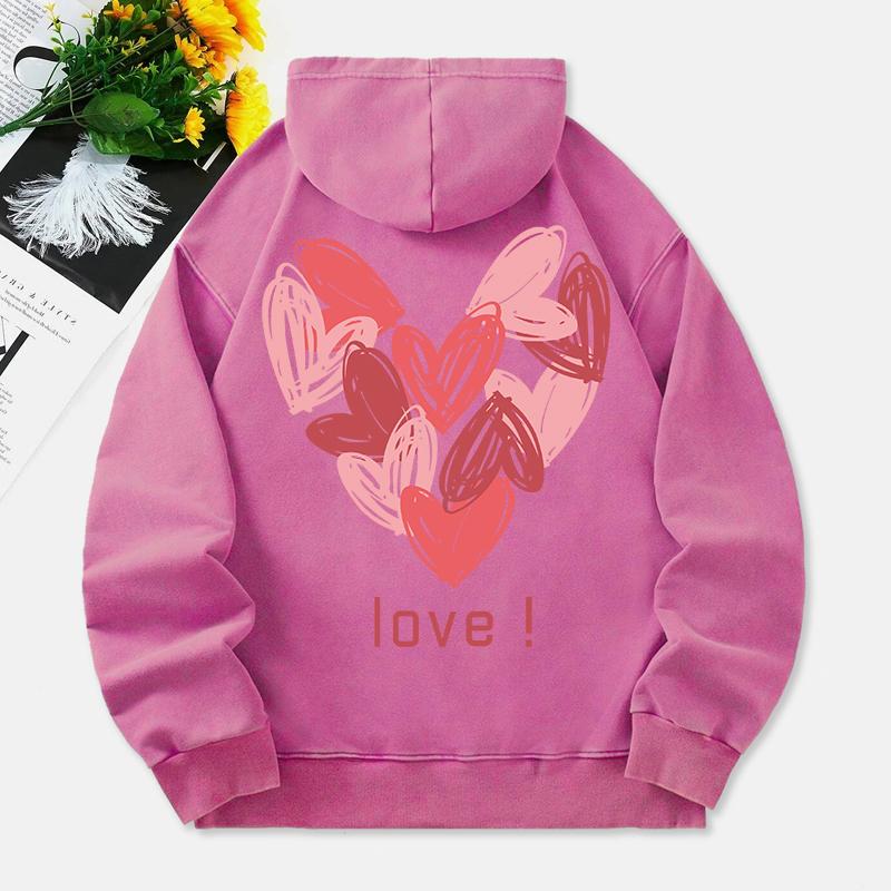 Love Heart Washed Hoodies Women Pink Graffiti Printing Cotton Streetwear Oversize Pocket Warm Womans Clothes