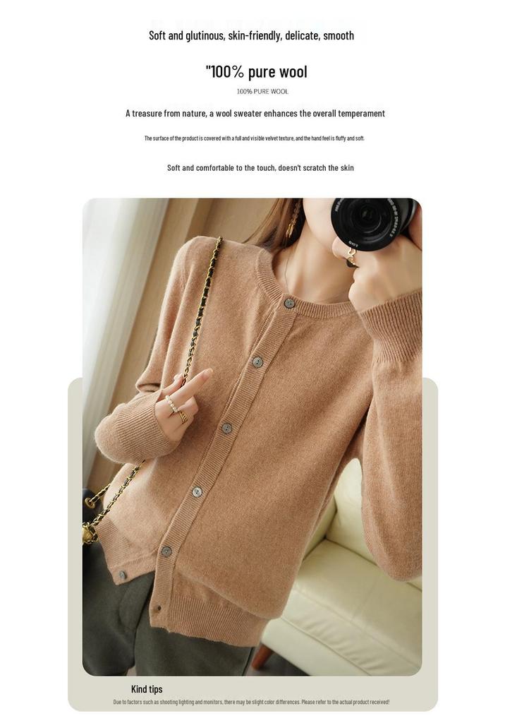 Women's Loose Plus Size Pure Wool Cardigan - Round Neck, Long-Sleeve, Anti-Pilling Knitwear for Spring & Autumn