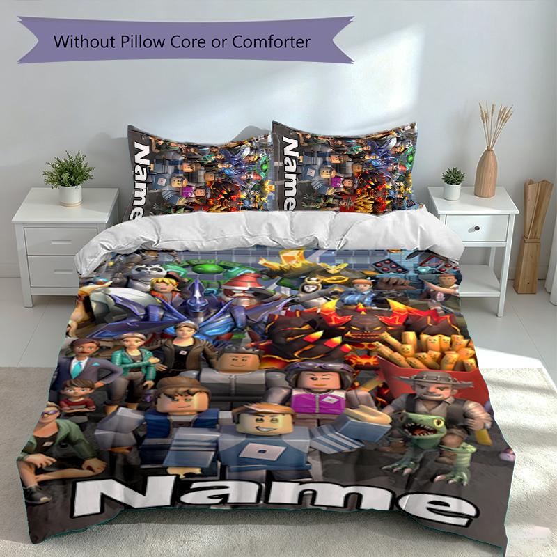 3pcs Custom Name Gaming Roblox Bedding Set,Includes 1 Duvet Cover and 2 Pillowcases,All-season Bedroom Decor