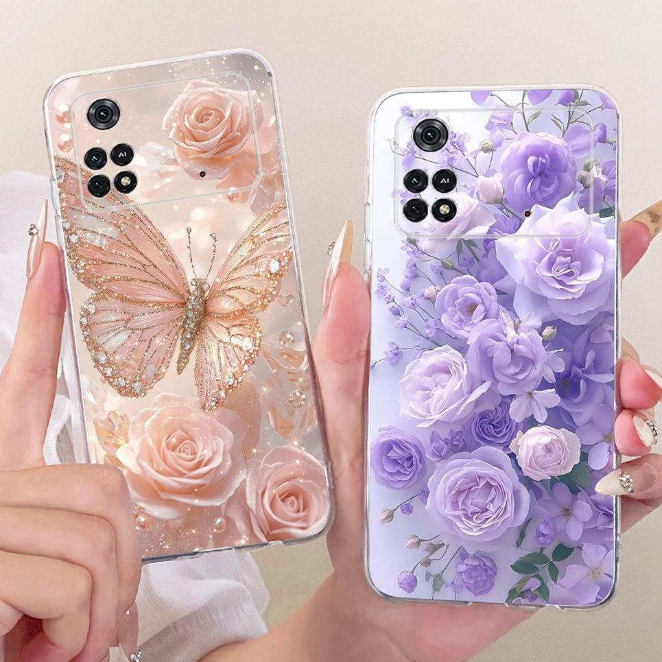 Luxury Flower Butterfly Bow Pattern Casing For Xiaomi Poco M4 Pro 4G 5G Back Cover Clear Soft Silicone Phone Case For PocoM4