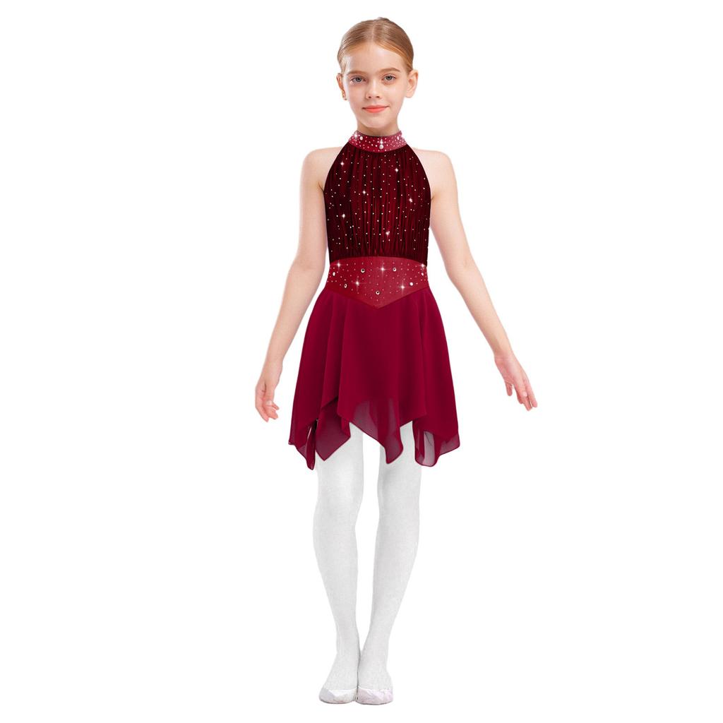 Kids Girls Ice Skating Performance Dress: Sleeveless Keyhole Back Rhinestone Metallic Mesh Bodice with Irregular Chiffon Hem for Competition