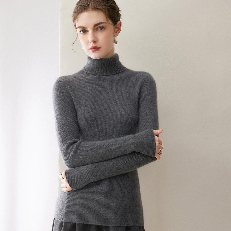 Women's Slim-Fit 100% Cashmere Ribbed Half-High Neck Sweater for Autumn/Winter