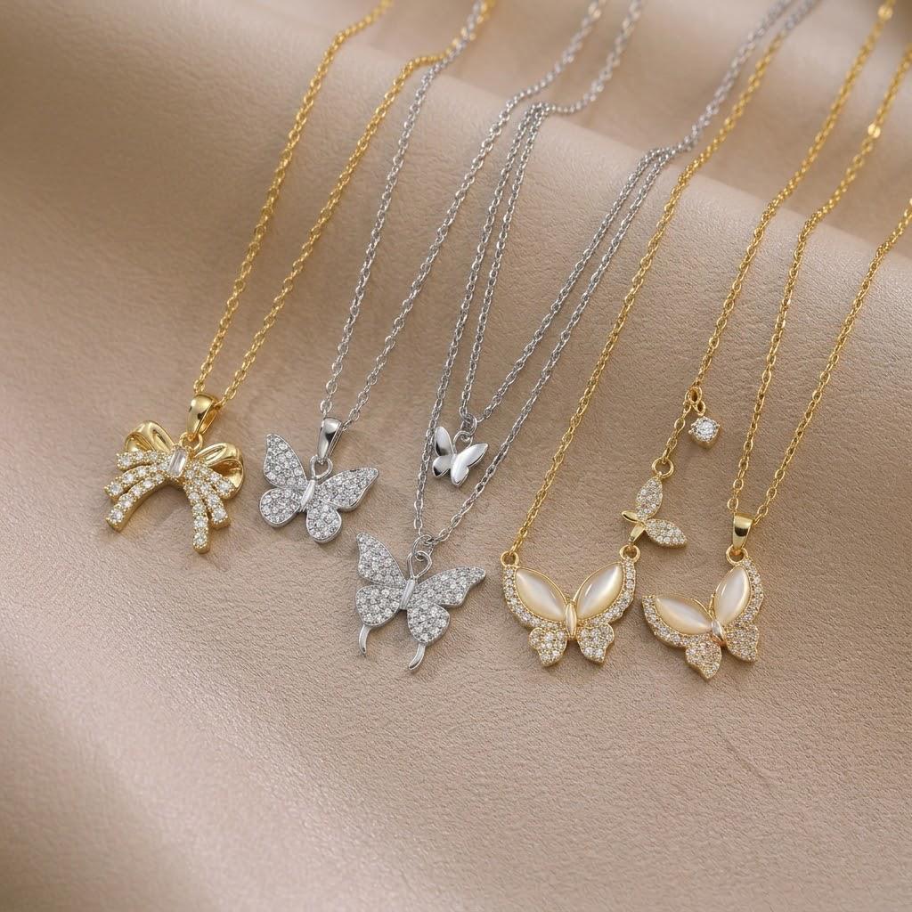 Women's Japanese-Korean Style Butterfly Zircon Pendant Necklace