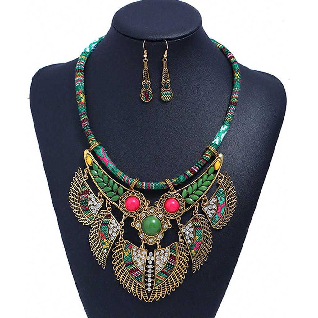 Popular Bohemian Ethnic Style Exaggerated Jewelry Set Women's Necklace Earrings Diamond Jewelry
