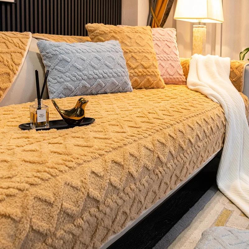 Striped Plush Sofa Cushion Non-Slip Warm Winter Universal Sofa Covers for Living Room Modern Simple Couch Slipcovers Home Decor