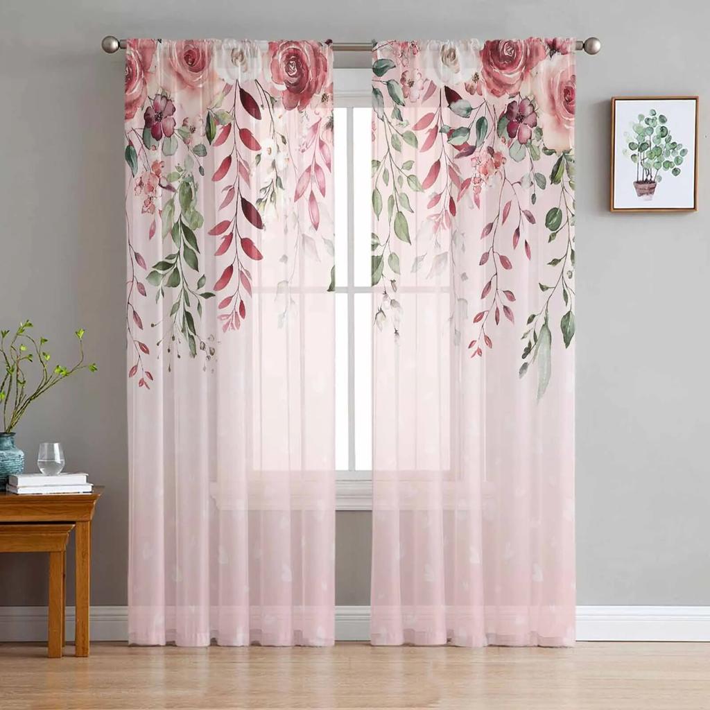 Rose Flower Leaves Tulle Curtains For Living Room Sheer Curtain For Bedroom Kitchen Blinds Voile Curtains