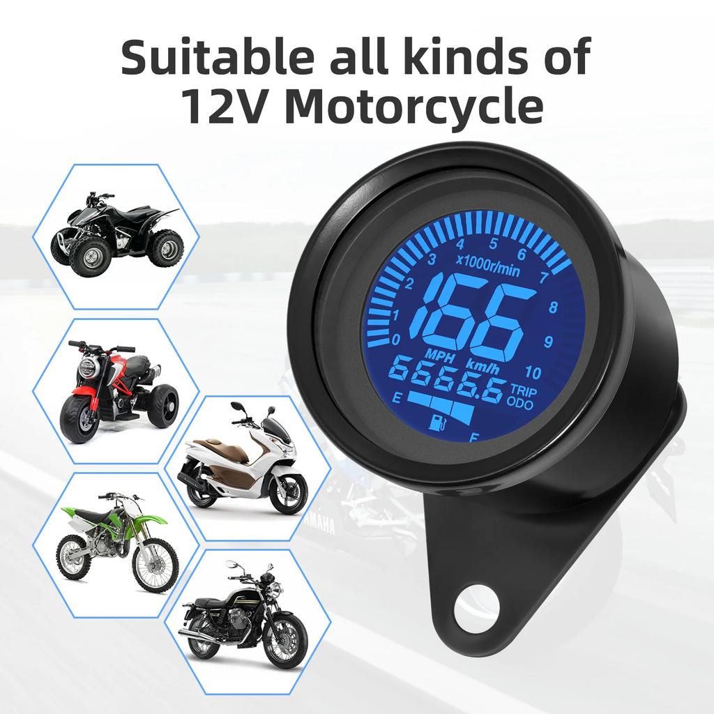 0-10000 R/min Retro Motorcycle Tachometer 7 Color LED Digital Speedometer LCD Odometer TRIP Fuel Meter Scooter ATV Meter Motor