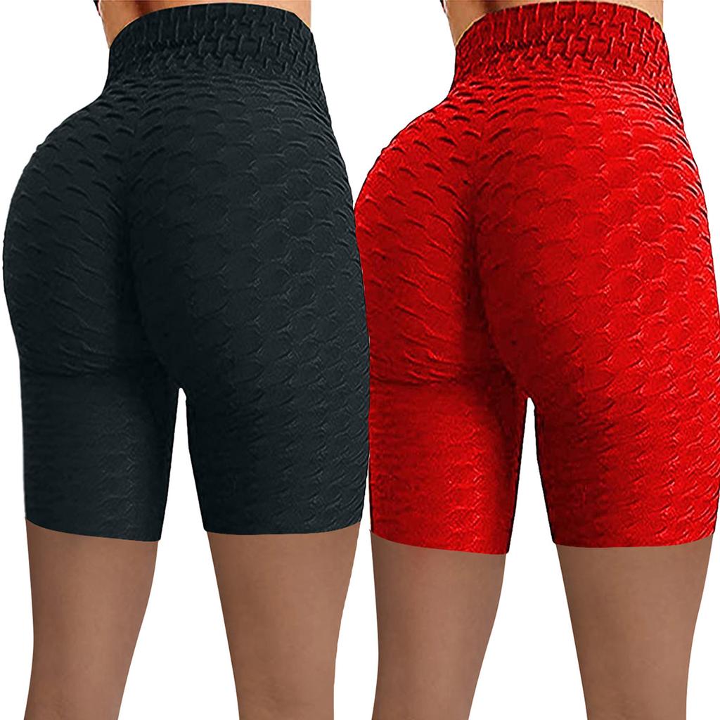 2PCWomen Wrinkled High Waist Hip Stretch Running Fitness Yoga Pants Biker Shorts