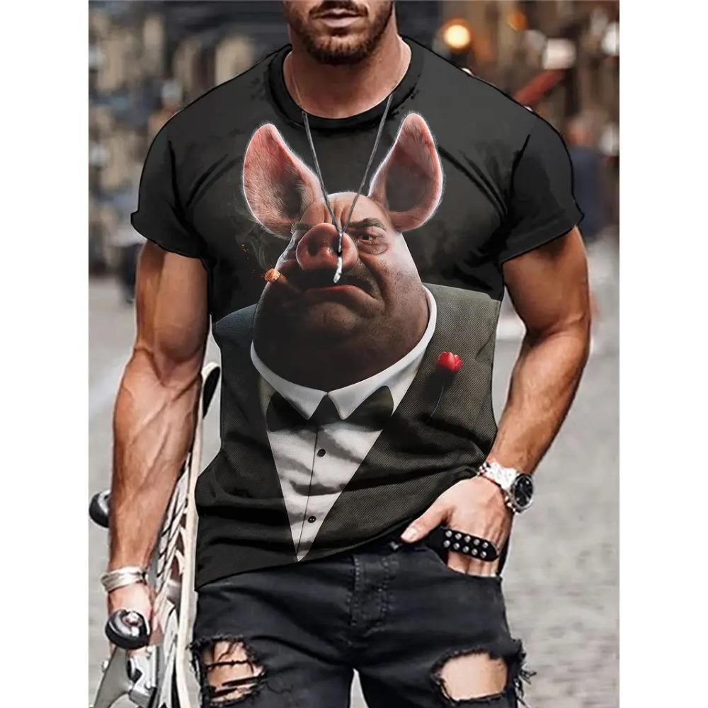 Full Print Men's Funny Pig Graphic T-Shirt Clothes Summer Short Sleeve Round Neck Casual T Shirts Top Men Novelty Animal Tshirts