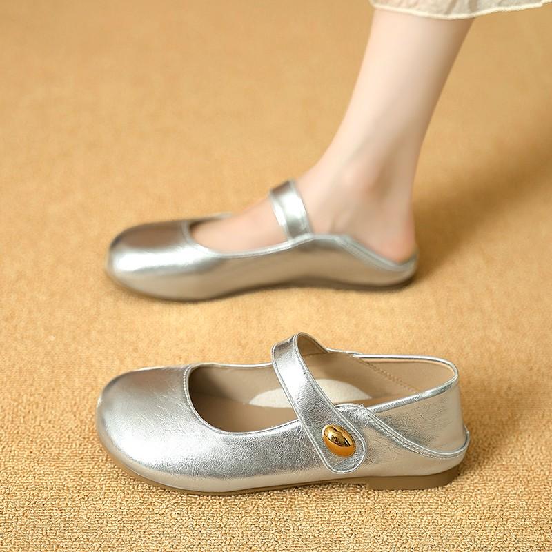 Women's Mary Jane Shoes Round Toe Flat Sole One-length Velcro Cover Toe Sandals Dress Retro All-match Spring Autumn Single Shoes