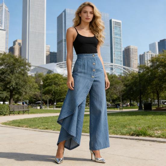 Dámské kalhoty s vysokým pasem, širokými nohavicemi, volného střihu, dlouhé, s jedním zapínáním, nepravidelným designem, ve stylu pro dojíždění, kalhoty pro kancelářskou dámu