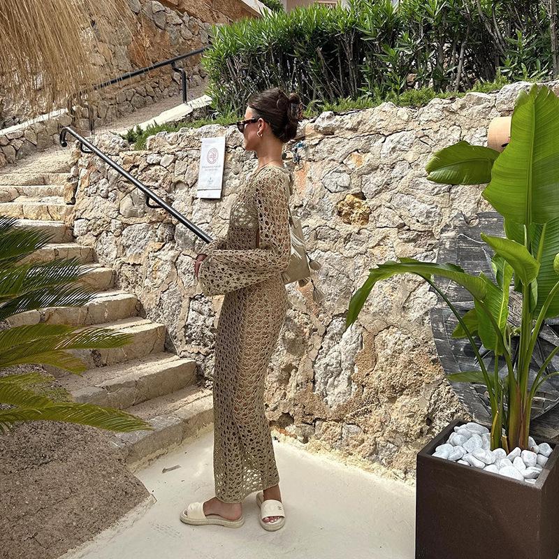 2024 Women's European & American Knitted Beach Dress: Hollow Out, Solid Color, Sexy Backless, Tie-Up, Long Sleeve Maxi Dress & Bikini Cover-Up