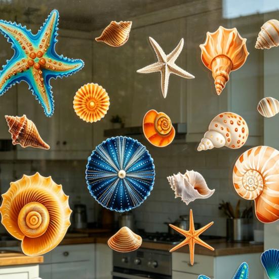Pegatinas para Ventana de Caracolas y Estrellas de Mar, Adhesivo Impermeable para Ventana con Vida Marina del Océano, Pegatinas Estáticas Reutilizables para Puerta de Cristal, Suministros para Fiestas de Verano