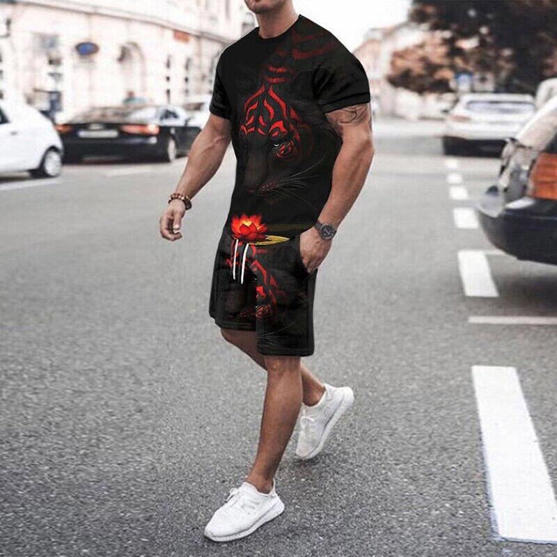 Summer Men's Casual Fashion Comfortable Sports Suit 2-Piece Set Street Wear Simple Pattern Crewneck Short Sleeve With Shorts