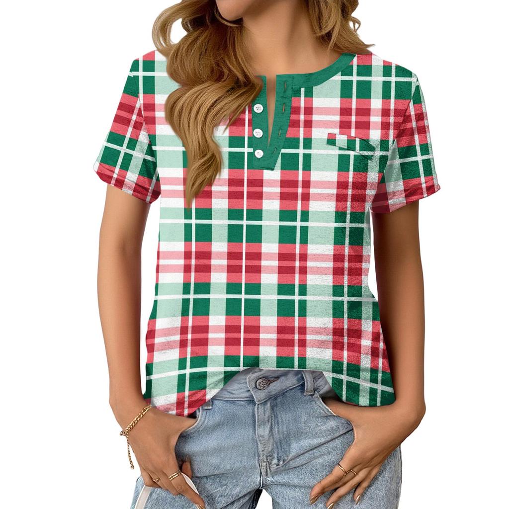 Dámský Módní Ležérní Letní Kostkovaný V-výstřih Knoflíky Krátký Rukáv Top