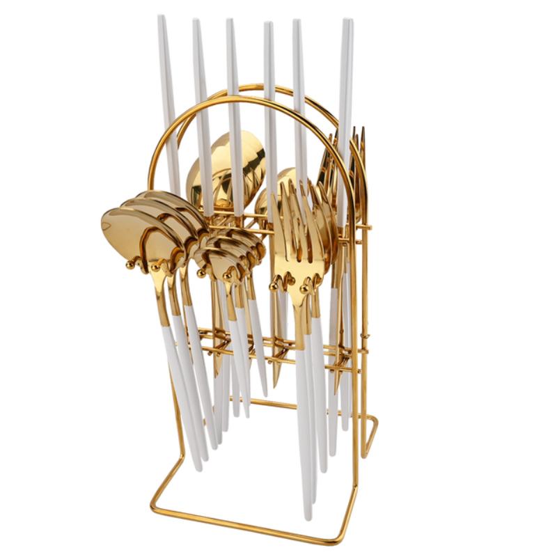 24Pcs Western Dinnerware Stainless Steel Cutlery Set Knife Fork Spoon Tableware Set With Storage Rack Hanging Flatware Set