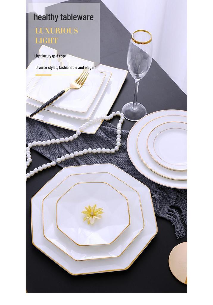 Gold Rimmed Jingdezhen Bone China Flat Plate - Elegant Ceramic Dinnerware for Home & Restaurant
