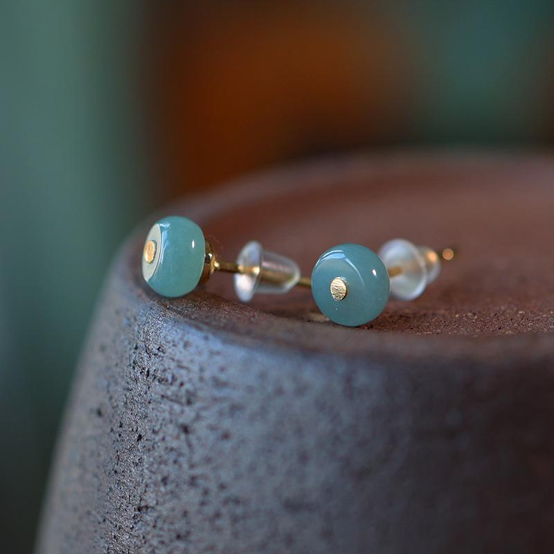 A-Grade Natural Jade Ice-Type Blue Water Stud Earrings with 14k Gold-Plated 925 Sterling Silver